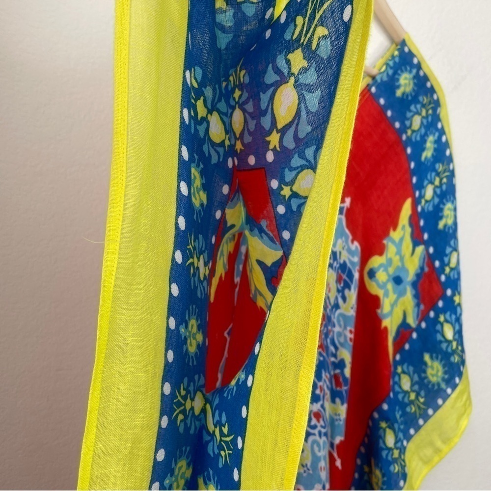 J. McLaughlin Yellow Blue Red Linen Blend Beach Cover Up Tunic Popover Kaftan - Picture 8 of 11